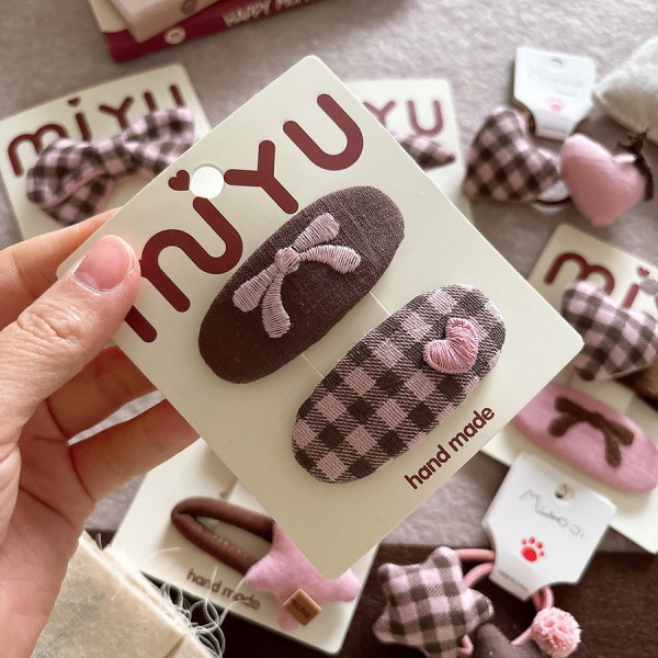 Korean fabric sweet coffee pink children's bow side hair clip with bangs, checkered star hair string hair accessory