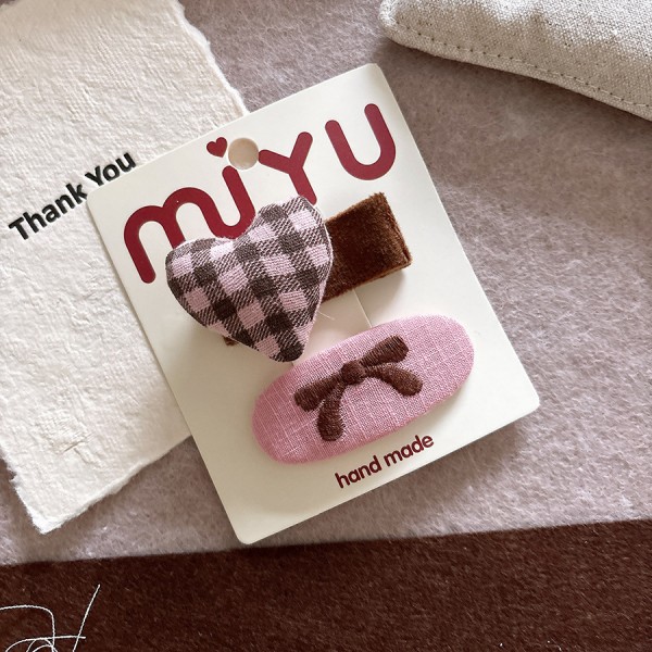 Korean fabric sweet coffee pink children's bow side hair clip with bangs, checkered star hair string hair accessory