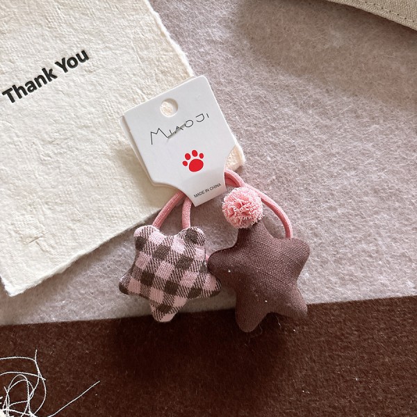 Korean fabric sweet coffee pink children's bow side hair clip with bangs, checkered star hair string hair accessory