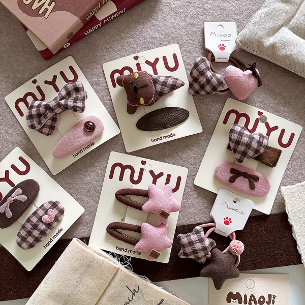 Korean fabric sweet coffee pink children's bow side hair clip with bangs, checkered star hair string hair accessory