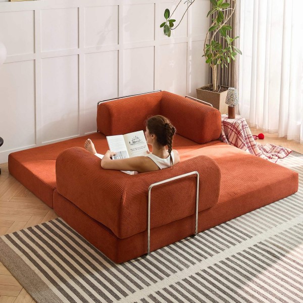 79 inch corduroy sofa bed, foldable double sofa bed with folding armrests, suitable for living rooms and small spaces