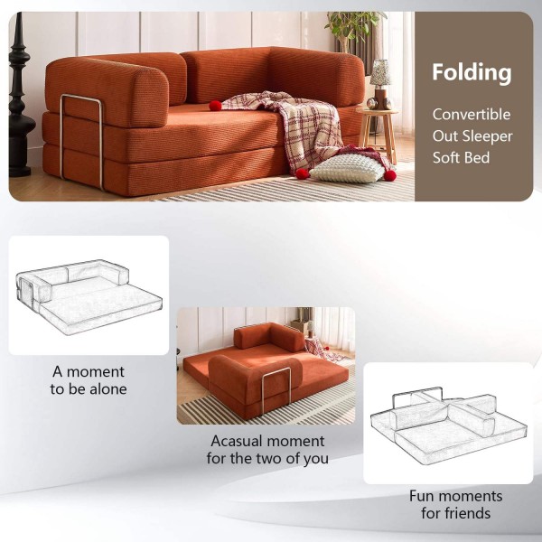 79 inch corduroy sofa bed, foldable double sofa bed with folding armrests, suitable for living rooms and small spaces