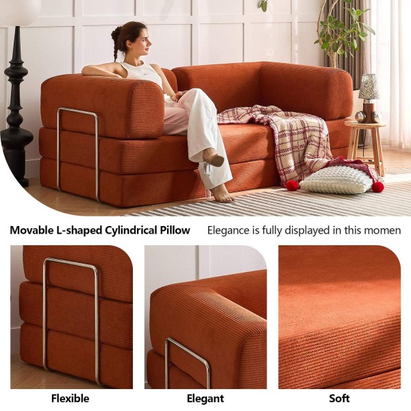 79 inch corduroy sofa bed, foldable double sofa bed with folding armrests, suitable for living rooms and small spaces