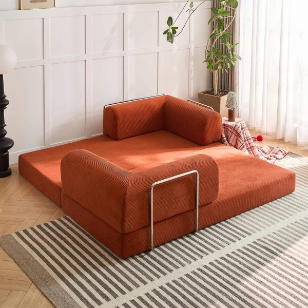 79 inch corduroy sofa bed, foldable double sofa bed with folding armrests, suitable for living rooms and small spaces