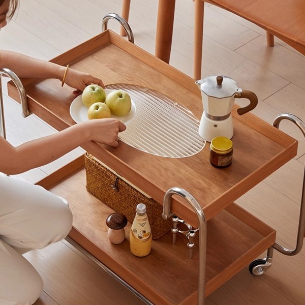 Japanese-style minimalist solid wood multi-tiered storage rack with long rainbow glass mobile side table