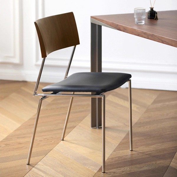 Black Walnut Antique Stainless Steel Dining Table and Chairs with Armrests, Genuine Leather Upholstered Solid Wood Backrest Chairs