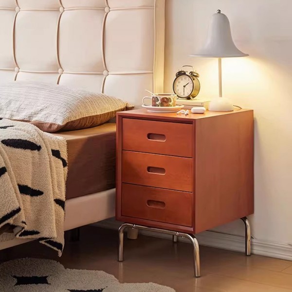 Bedside table, solid wood bedroom, ultra-narrow retro brown bedside cabinet, stainless steel, minimalist design