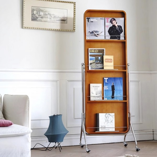 Magazine Mirror Full-length Mirror Movable Stainless Steel Floor Mirror Solid Wood Storage Rack