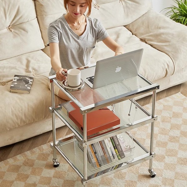 Antique mobile trolley with three layers of Changhong glass storage, light luxury living room side table