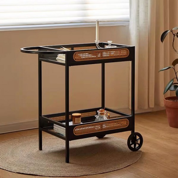 Antique wicker small trolley, minimalist tea table, storage rack, designer mobile Japanese dining cart