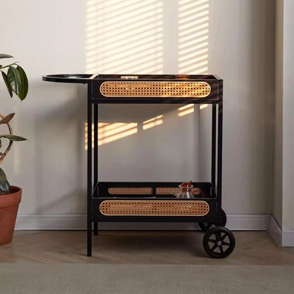 Antique wicker small trolley, minimalist tea table, storage rack, designer mobile Japanese dining cart