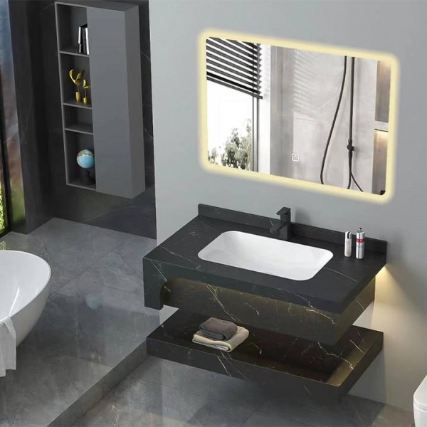 Modern Two Layer Hotels Wall Mounted Induction Lamp Hot Sale Slate Rock Basin Sinks Bathroom Cabinet Bathroom Vanities
