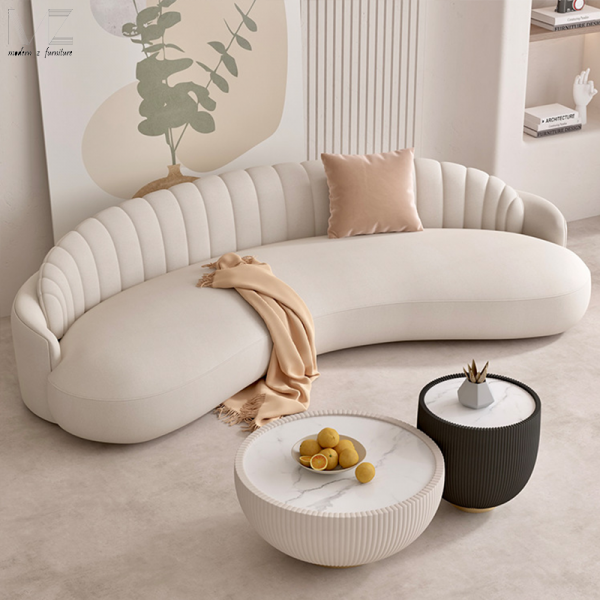 European French Style White Minimalist Couches Luxury Hotel Lobby Furniture Living Room Leather Curved Sectional Sofa for Home