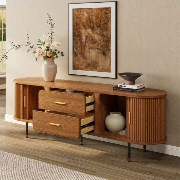 Luxury Solid Wood Tv Stand Oval Media Console Table Curved Edges Fluted Design Tv Cabinet Stand for Living Room