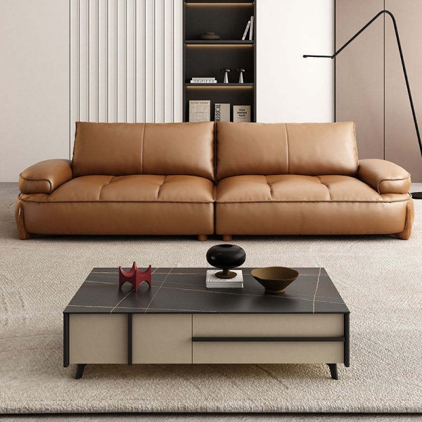 Minimalist Leather Sofa for Living Room Light Luxury Flat Straight Row With Retro Brown One Seat Set