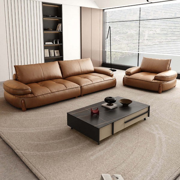 Minimalist Leather Sofa for Living Room Light Luxury Flat Straight Row With Retro Brown One Seat Set