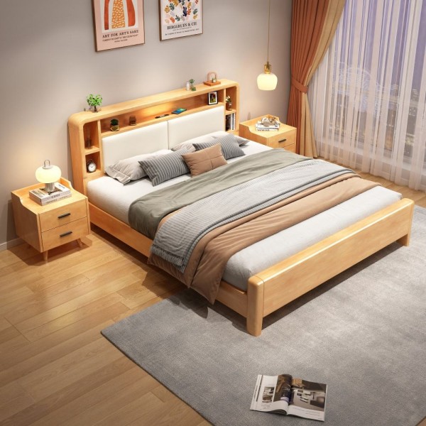 Simple Nordic Style Solid Mango Wood Bedroom Furniture Modern Design Full Size Bed Frame with Storage Wooden Bedroom Set