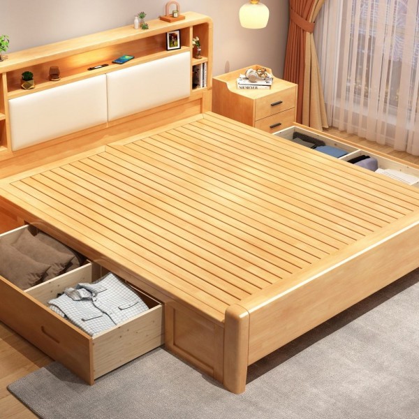 Simple Nordic Style Solid Mango Wood Bedroom Furniture Modern Design Full Size Bed Frame with Storage Wooden Bedroom Set