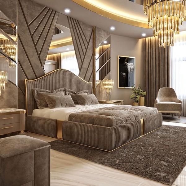 Modern Luxury Bedroom Furniture Set Solid Wood Frame Velvet Cotton Upholstered Bed in Double Full Queen King Sizes