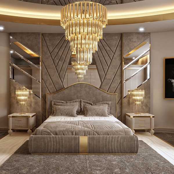 Modern Luxury Bedroom Furniture Set Solid Wood Frame Velvet Cotton Upholstered Bed in Double Full Queen King Sizes