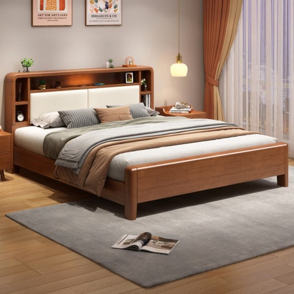 Solid Wood King Size Double Bed Simple Nordic Wabi-sabi Style with Storage Modern Bedroom Furniture Set