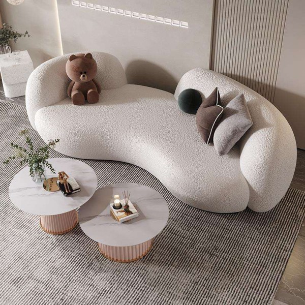 Italy Modern Living Room Furniture Floor Sofa Set White Soft Teddy Curved Sectional Modular Big Size Sofa Couch Set