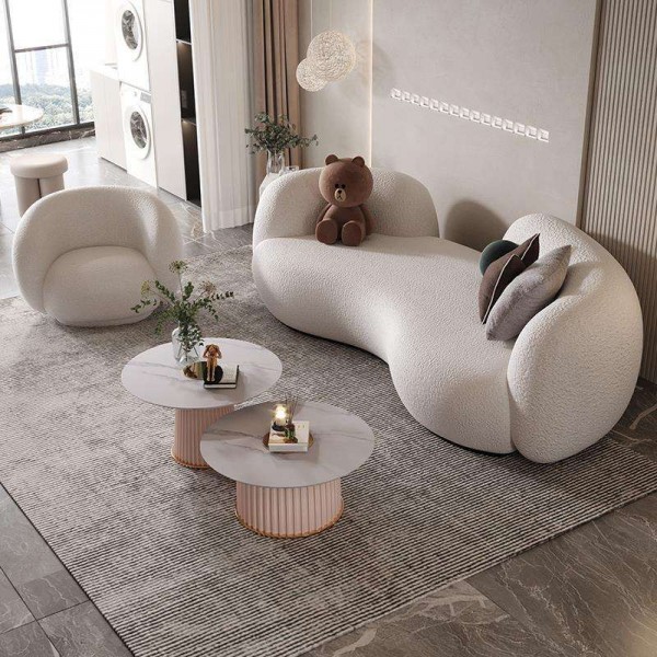 Italy Modern Living Room Furniture Floor Sofa Set White Soft Teddy Curved Sectional Modular Big Size Sofa Couch Set