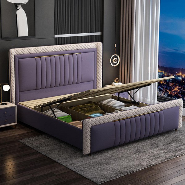 Italian Light Luxury Leather Soft Bed Modern Double Bed Master Bedroom Wedding king Size Wooden Frame Storage Bed Set Furniture