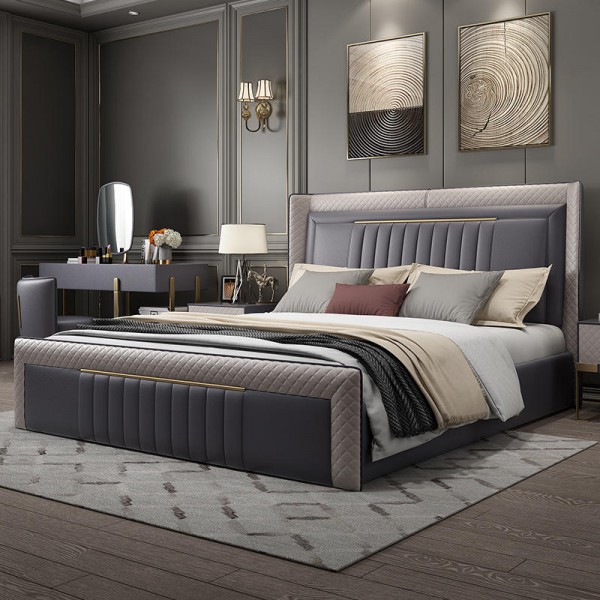 Italian Light Luxury Leather Soft Bed Modern Double Bed Master Bedroom Wedding king Size Wooden Frame Storage Bed Set Furniture