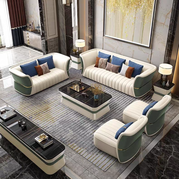 Furnistyle Modern European Style Luxury Villa Furniture Modular Genuine Leather Living Room Sets Wood Leather Sofa