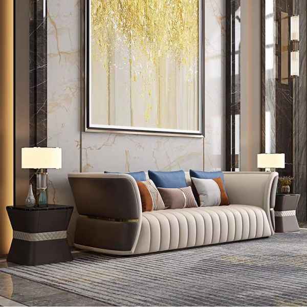 Furnistyle Modern European Style Luxury Villa Furniture Modular Genuine Leather Living Room Sets Wood Leather Sofa