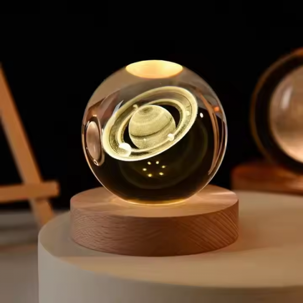 3D Art Luminous Crystal Ball Night Lamp Warm White LED Light with Wooden Base for Home Use