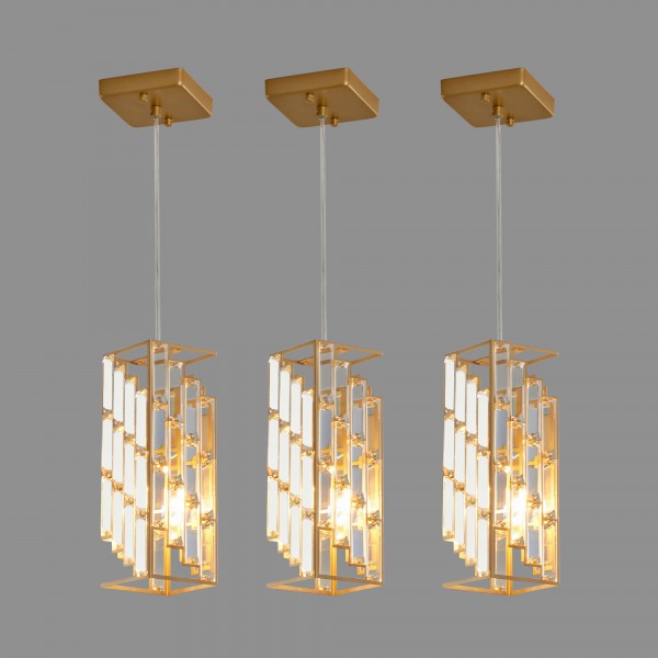4-Inch Gold Crystal Pendant Light 3-Pack Adjustable Hanging Ceiling Lamp Prism Design for Dining Room Kitchen Island E26 Bulb