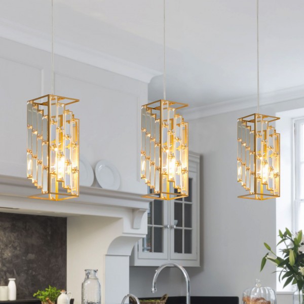 4-Inch Gold Crystal Pendant Light 3-Pack Adjustable Hanging Ceiling Lamp Prism Design for Dining Room Kitchen Island E26 Bulb
