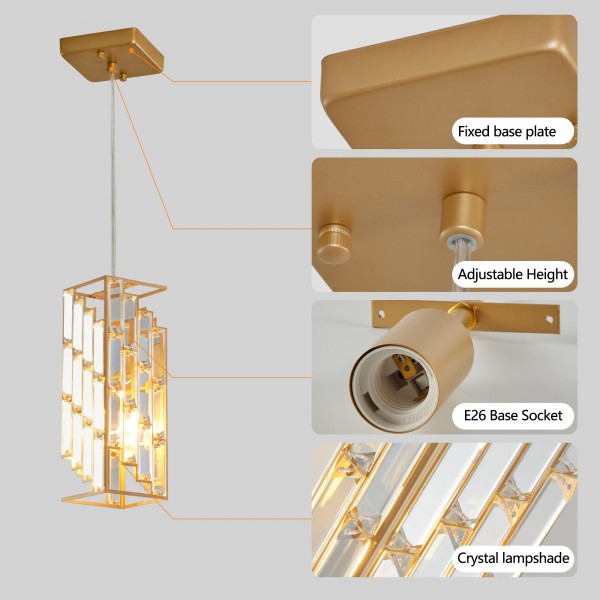 4-Inch Gold Crystal Pendant Light 3-Pack Adjustable Hanging Ceiling Lamp Prism Design for Dining Room Kitchen Island E26 Bulb