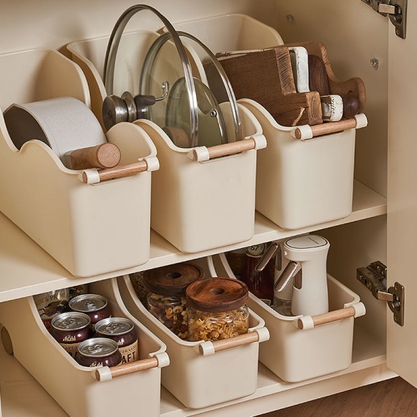 Kitchenware Organizer Wooden Handle New Plastic Storage Box Wheels Modern Storage Rack for Tableware Pot Lid Storage