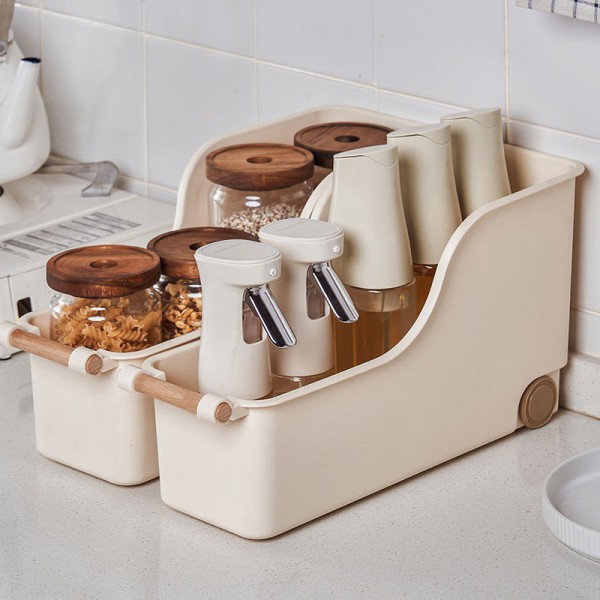 Kitchenware Organizer Wooden Handle New Plastic Storage Box Wheels Modern Storage Rack for Tableware Pot Lid Storage