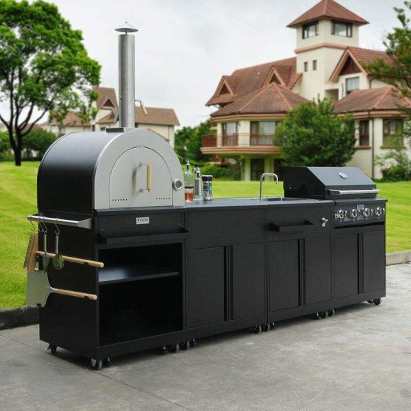 Outdoor Kitchen for Grill Pizza Oven Garden Furniture Set Black Stainless Steel Outdoor Bbq Corner Kitchen Cabinet with Sink