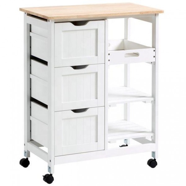 Solid Wood Top Home Dining Area Mobile Island Kitchen Trolley Cart with Storage Rack and Drawer