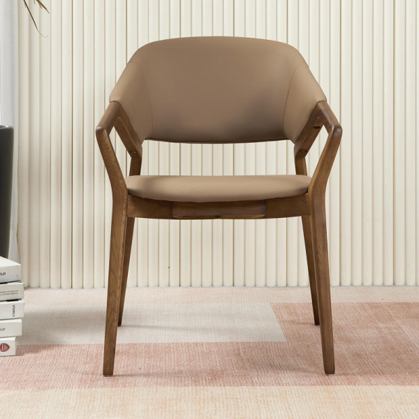 Italian Modern Designer Dining Chair Ash Solid Wood Minimalist Style PU Nappa Leather Armrests Backrest for Home Office Living