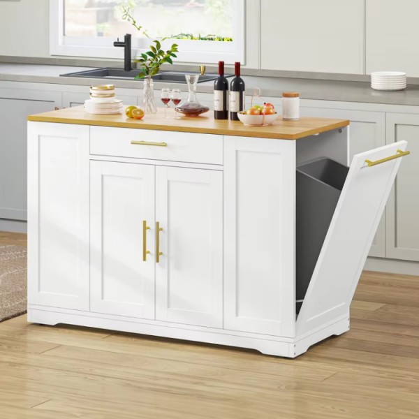 Thicker Rubberwood Top Kitchen Island Storage Cabinet on Wheels With Open Shelves and Inner Adjustable Shelves for Dining Room