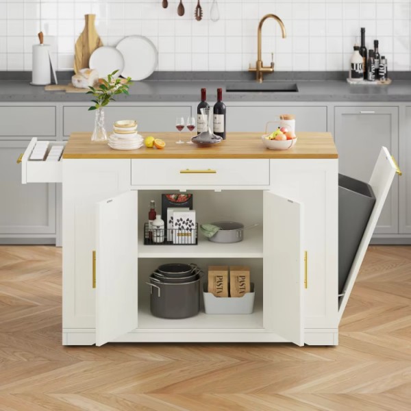 Thicker Rubberwood Top Kitchen Island Storage Cabinet on Wheels With Open Shelves and Inner Adjustable Shelves for Dining Room