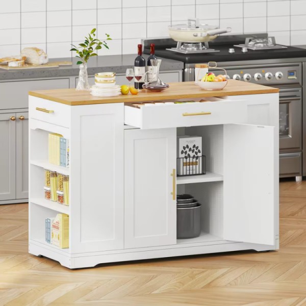 Thicker Rubberwood Top Kitchen Island Storage Cabinet on Wheels With Open Shelves and Inner Adjustable Shelves for Dining Room