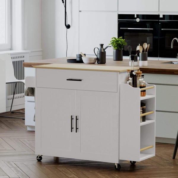 Modern Style Rolling Kitchen Island Wood Kitchen Cart Table with 3 Open Spice Rack Shelf Storage Kitchen Island on Wheels