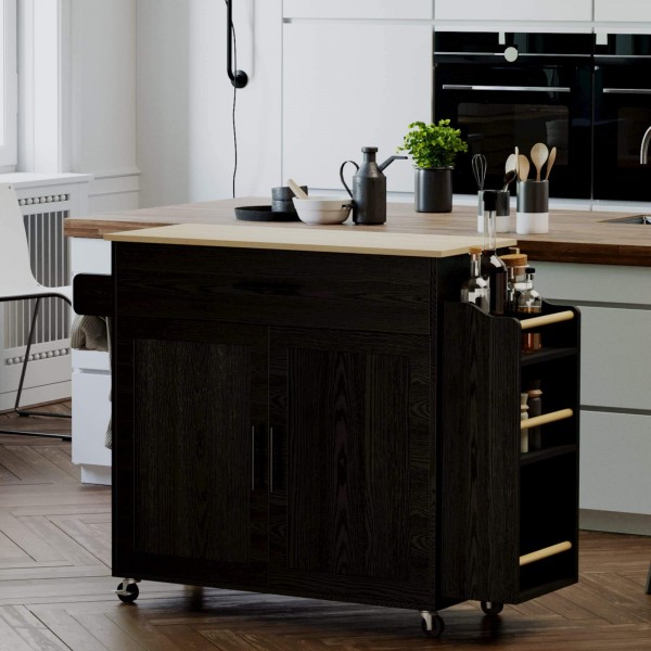 Modern Style Rolling Kitchen Island Wood Kitchen Cart Table with 3 Open Spice Rack Shelf Storage Kitchen Island on Wheels