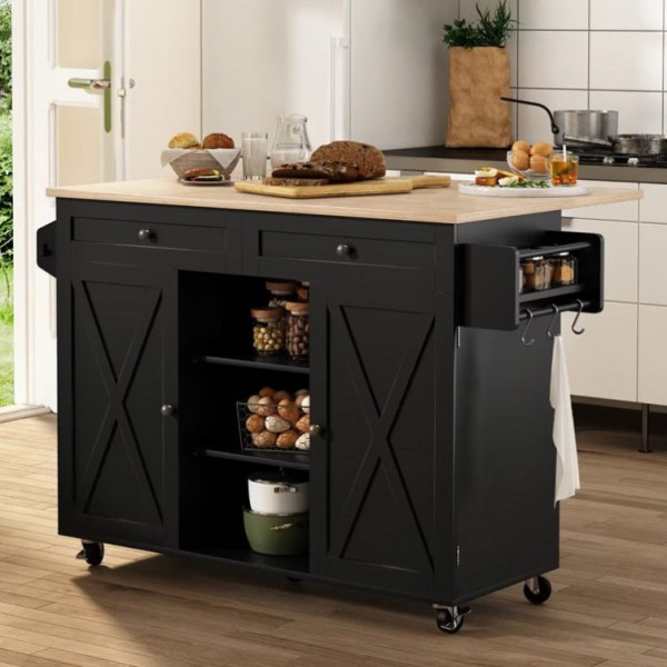 Factory Direct Kitchen Island on Wheels with Storage Cabinet Drop Leaf Countertop