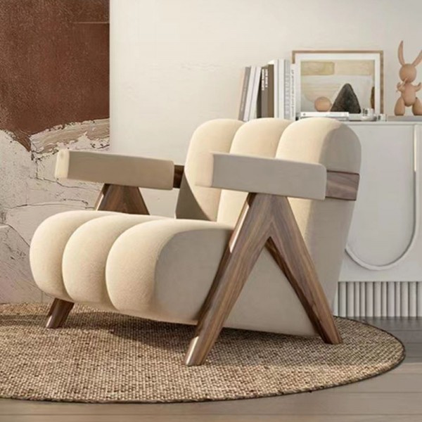 Nordic Simple Single Sofas Velvet Fabric Leisure Accent Arm Chair with Solid Wooden Legs for Reception Living Room