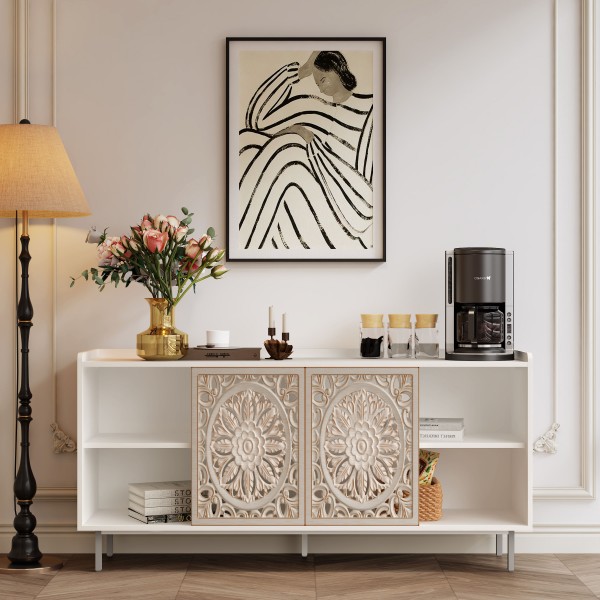 Mid Century Modern White Curio Buffet Cabinet for Living Room TV Stand and Kitchen