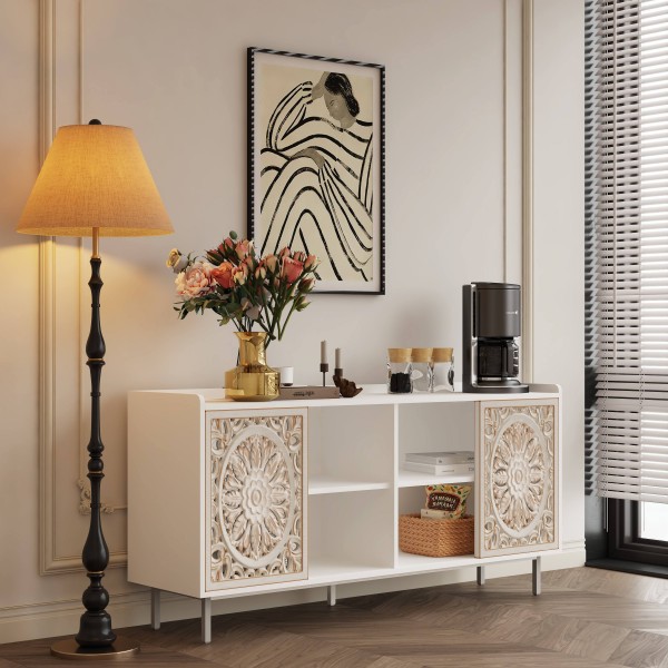 Mid Century Modern White Curio Buffet Cabinet for Living Room TV Stand and Kitchen
