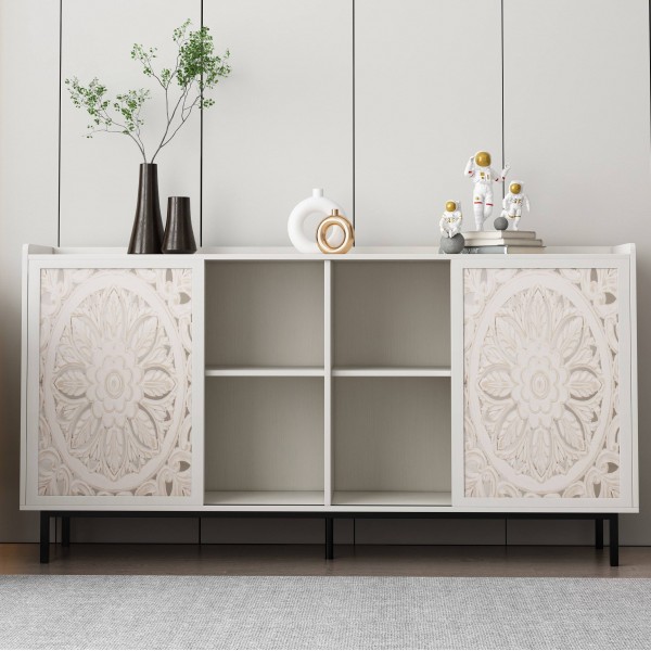 Mid Century Modern White Curio Buffet Cabinet for Living Room TV Stand and Kitchen